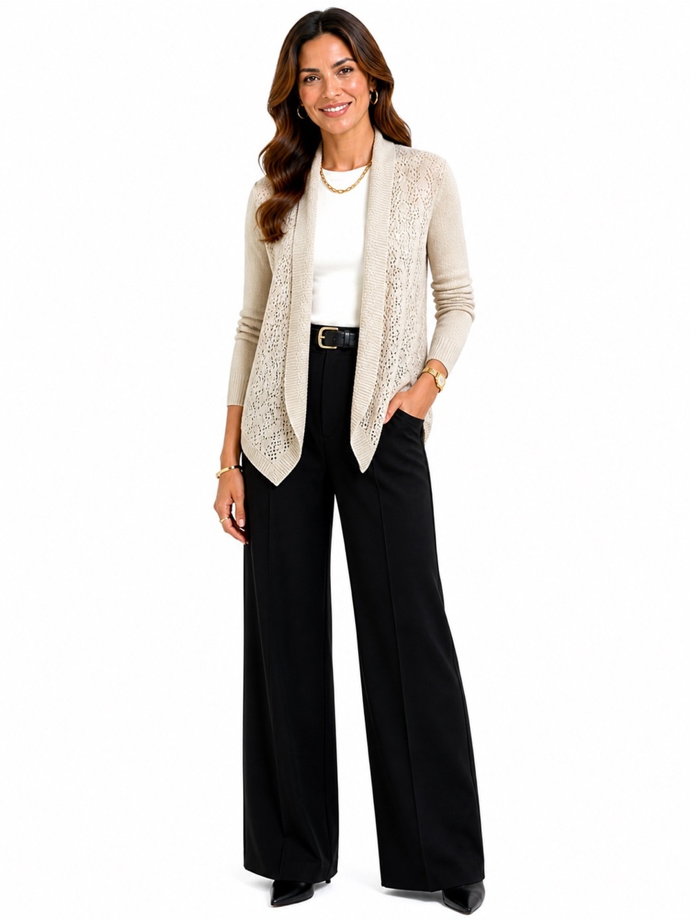 The Limited Beige Open-Front Lattice cut Cardigan